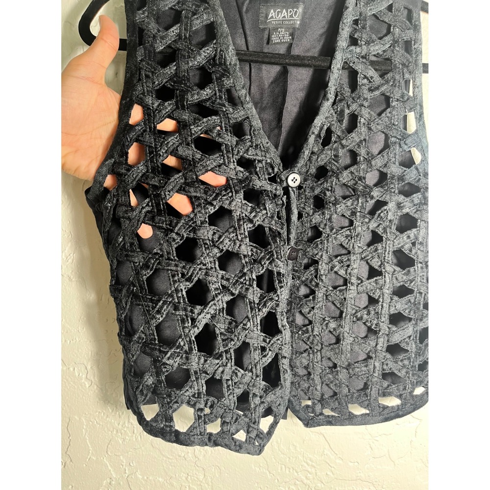 Vintage Agapo Black Open Weave Vest‎ Petite Small Boho Lagenlook Festival - Picture 2 of 6